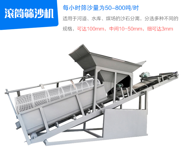 滾筒篩沙機適用于河道、水庫、煤場的沙石分離,分選多種不同的 規格,可達100mm,中間10-50mm,細可達3mm